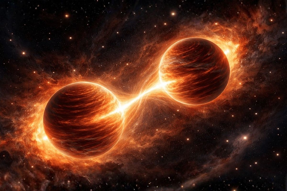 Deux &eacute;toiles brunes ins&eacute;parables dansent ensemble dans l'immensit&eacute; de l'espace